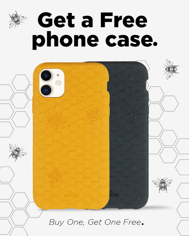 Get a Free phone case promotional graphic depicted bees and 2 phone cases, buy one get one free